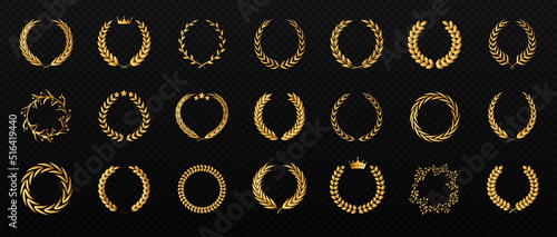 Set of golden laurel wreaths. Elegant organic plant leaf awards in various shapes. Beautiful design elements for logos, covers and cards. Gradient 3D vector collection isolated on black background