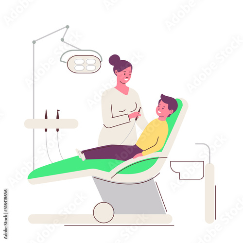 Dentistry. Child sitting in dentist chair. Healthy teeth. Orthodontist. Vector flat illustration