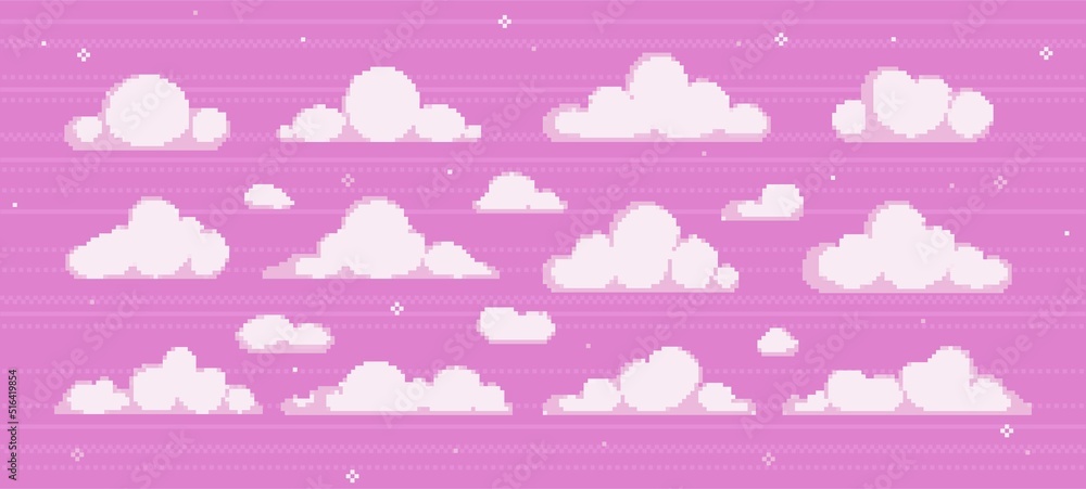 Pixel clouds set. Beautiful white clouds of various shapes float across sky. Design elements for video games, social networks and logos. Cartoon flat vector collection isolated on pink background Pixel clouds set. Beautiful white clouds of various shapes float across sky. Design elements for video games, social networks and logos. Cartoon flat vector collection isolated on pink background