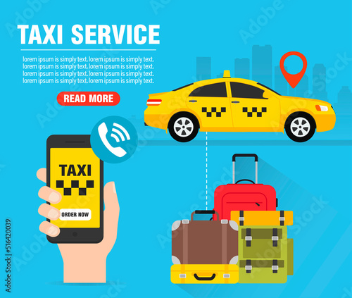 Online taxi service concept design flat. Yellow taxi car. Order now taxi