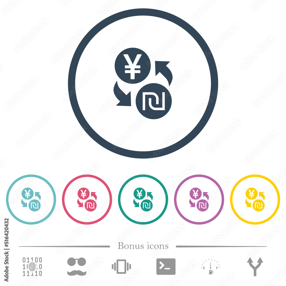 Yen new Shekel money exchange flat color icons in round outlines