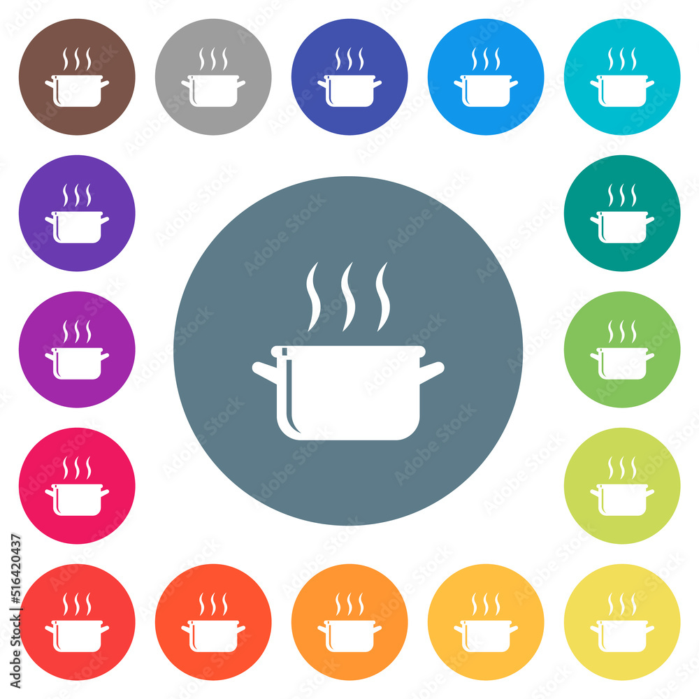 Steaming glossy pot flat white icons on round color backgrounds