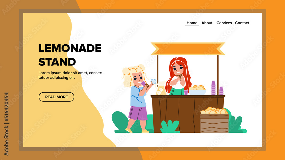 Lemonade Stand For Selling Freshness Drink Vector. Little Girl Standing At Lemonade Stand, Preparing Delicious Refreshing Beverage And Sale To Client. Characters Web Flat Cartoon Illustration