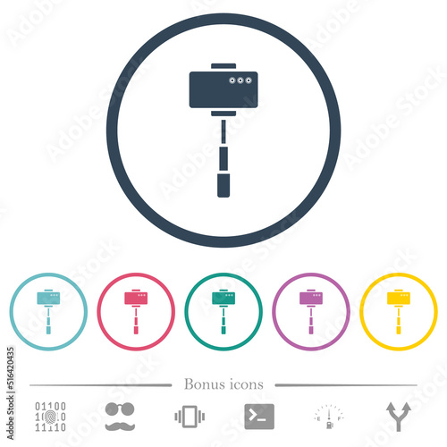 Smartphone on selfie stick back view flat color icons in round outlines