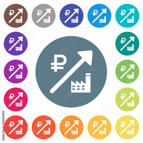Rising power plant russian Ruble prices flat white icons on round color backgrounds