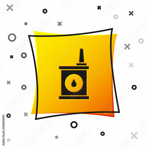 Black Canister for motor machine oil icon isolated on white background. Oil gallon. Oil change service and repair. Yellow square button. Vector