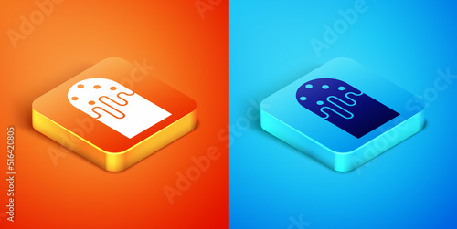 Isometric Easter cake icon isolated on orange and blue background. Happy Easter. Vector