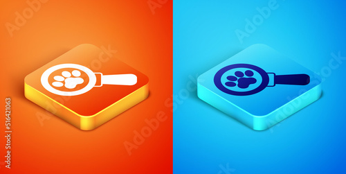 Isometric Veterinary clinic symbol icon isolated on orange and blue background. Cross hospital sign. Stylized paw print dog or cat. Pet First Aid sign. Vector