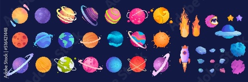 Set of pixel astronomical elements. Stickers or icons with solar system planets, comets, asteroids and star. Badges for video games and apps. Cartoon flat vector collection isolated on dark background