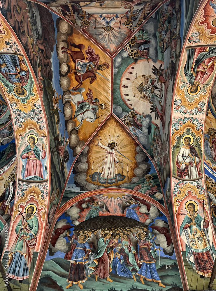 Fresken im orthodoxen Kloster des heiligen Iwan von Rila, UNESCO Welterbe und eine der bekanntesten Tourismus Attraktionen in Bulgarien