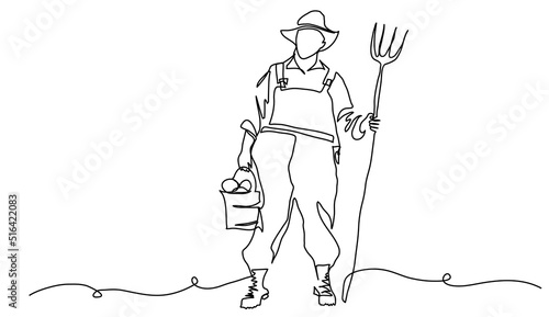 Farmer man with pitchfork and bucket. Vector background, banner, poster. One continuous line art drawing illustration of farmer with pitchfork