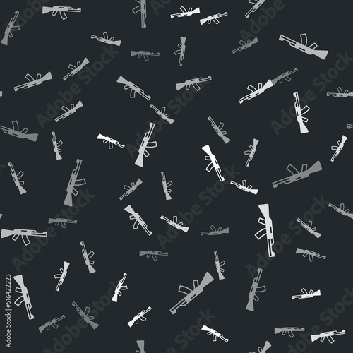 Grey Submachine gun icon isolated seamless pattern on black background. Kalashnikov or AK47. Vector