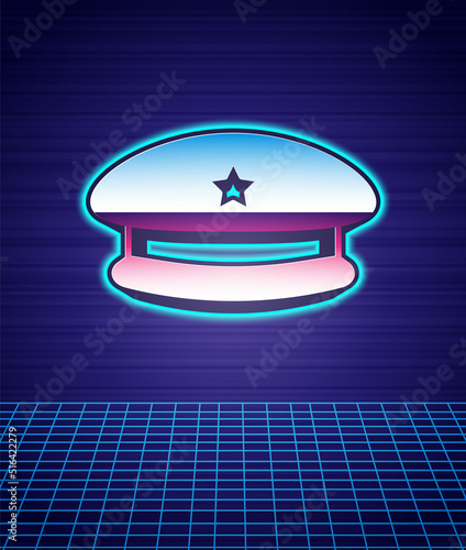 Retro style Military beret icon isolated futuristic landscape background. Soldiers cap. Army hat. War baret. 80s fashion party. Vector