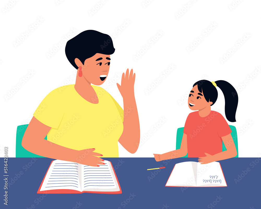 The teacher conducts an individual lesson with the student. To improve her knowledge of the subject, the girl studies with a tutor. Flat vector illustration. The teacher conducts an individual lesson with the student. To improve her knowledge of the subject, the girl studies with a tutor. Flat vector illustration.