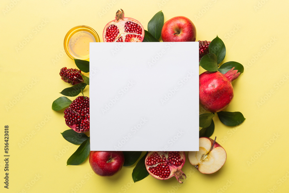 Flat lay composition with Blank flyer poster and symbols jewish Rosh Hashanah holiday attributes on colored background, New Year holiday Traditional. Top view with copy space mock up Flat lay composition with Blank flyer poster and symbols jewish Rosh Hashanah holiday attributes on colored background, New Year holiday Traditional. Top view with copy space mock up