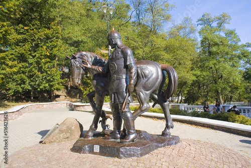 Monument to Dobrynya Nikitich with a horse in Drevlyanskiy park in Korosten, Ukraine