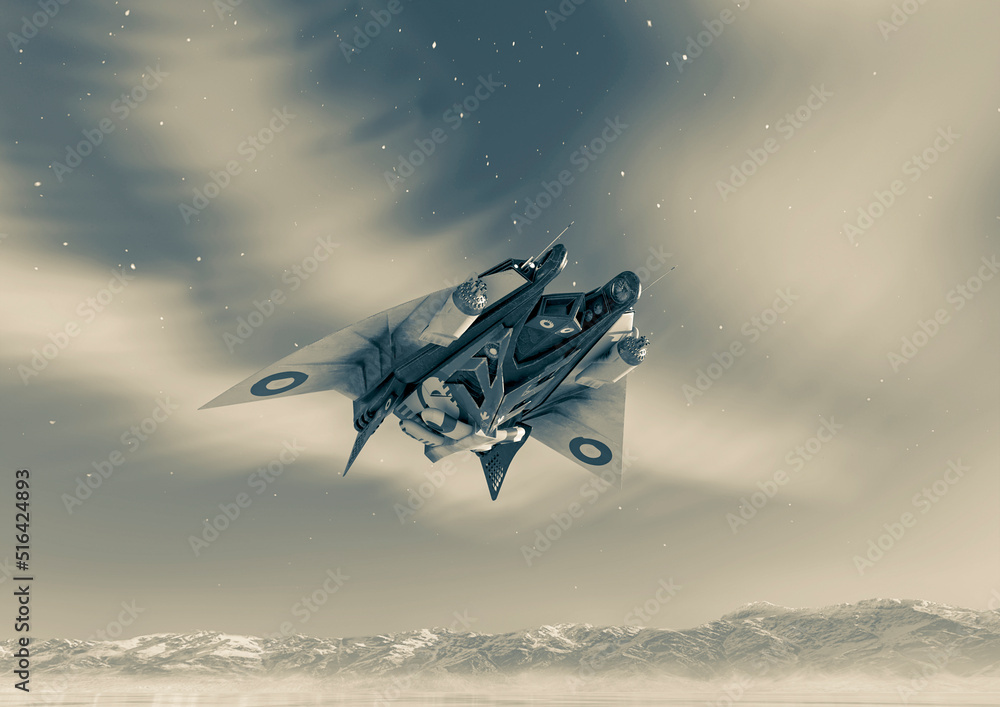alien space ship is passing by on ice planet side view alien space ship is passing by on ice planet side view