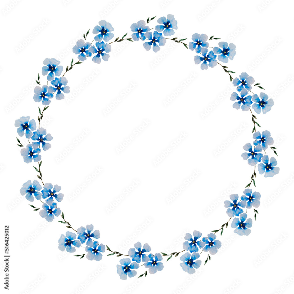 Round watercolor wreath with blue flowers on a white background. Round watercolor wreath with blue flowers on a white background.