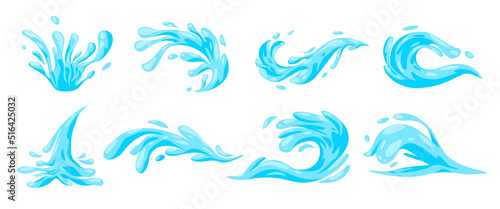 Water wave liquid blue sea splashing ocean marine fresh flow set collection illustration