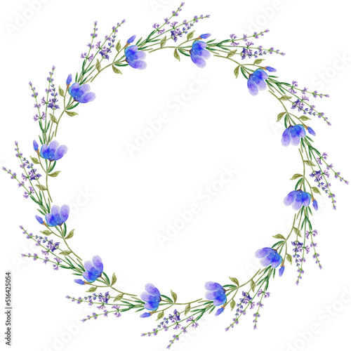 Round watercolor wreath with painted flowers.