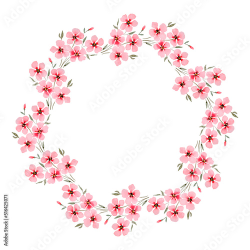 Round watercolor wreath with red flowers on a white background.