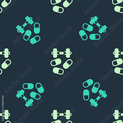 Green and beige Sports doping, anabolic drugs with dumbbell icon isolated seamless pattern on blue background. Anabolic steroids tablet. Pills in jar. Vector
