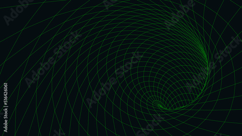 Abstract green tunnel with mesh structure. 3D grid of tunnels and corridors on a dark background. Vector wormhole.