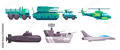 Military army armored vehicle from tank submarine battleship aircraft helicopter collection game asset illustration
