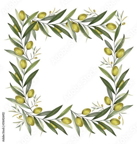 Square frame of olive branches and fruits. For packing olive oil or cosmetics © Katerina