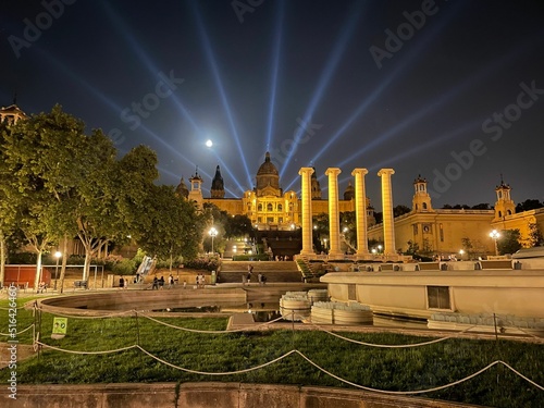 Illuminated Montjuic National Palace at night in Barcelona, Spain photo