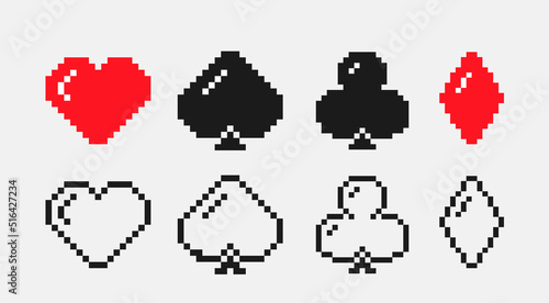 Set of pixel symbols of playing cards. Diamonds, hearts, clubs and spades for casino or poker. Design elements for mobile games or printing. Simple flat vector collection isolated on gray background