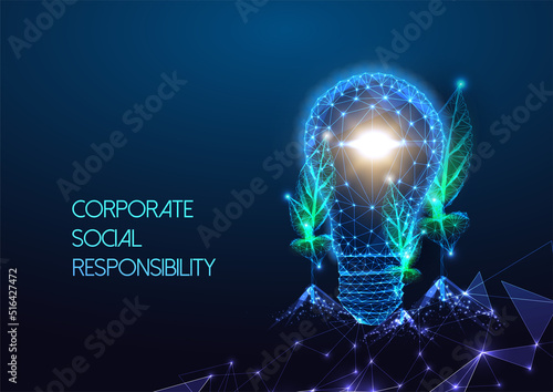 Concept of corporate social responsibility with lightbulb and sprouts in futuristic glowing style