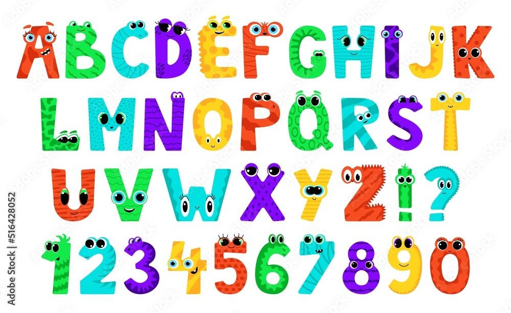 Monster alphabet. Cute cartoon font. Set of letters isolated on white background