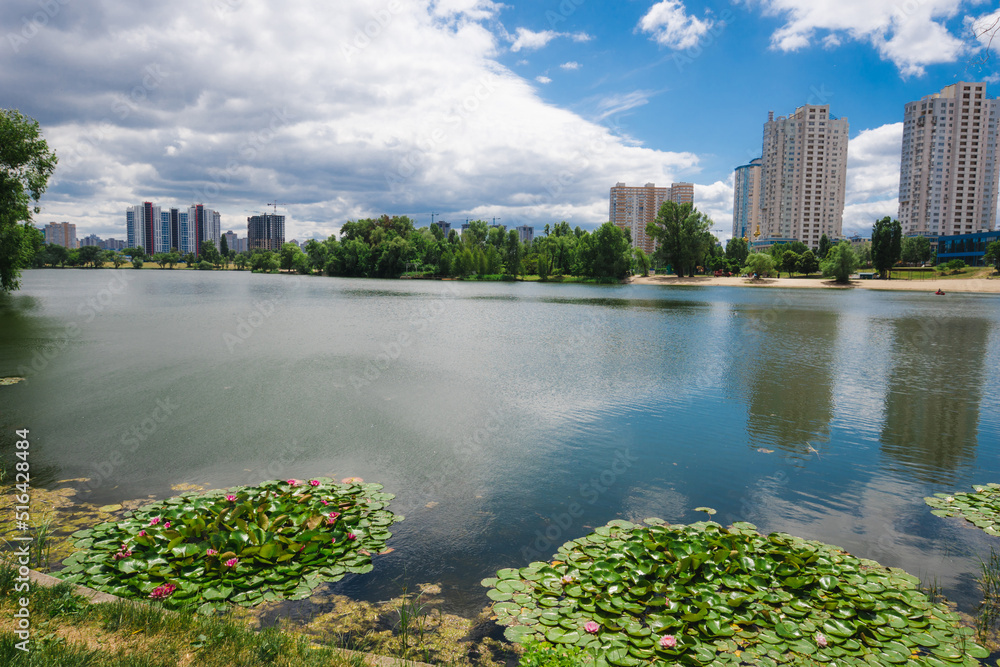 Beautiful park lake against the background of an urban city. A lake with beautiful water lilies in a green European capital. The concept of nature in the metropolis