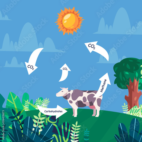 Life cycle of carbon Methane released by cow gasses emission released illustration design