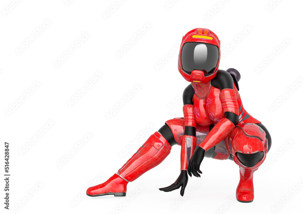 coolest astronaut girl is crouching in white background with copy space coolest astronaut girl is crouching in white background with copy space
