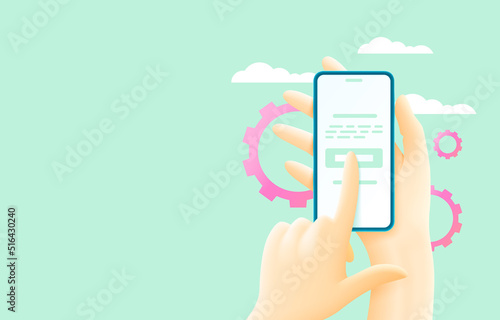 smartphone in hand, touch screen, web banner. Vector