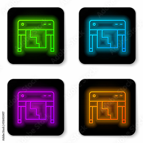 Glowing neon line Plotter icon isolated on white background. Large format multifunction printer. Polygraphy, printshop service. Black square button. Vector