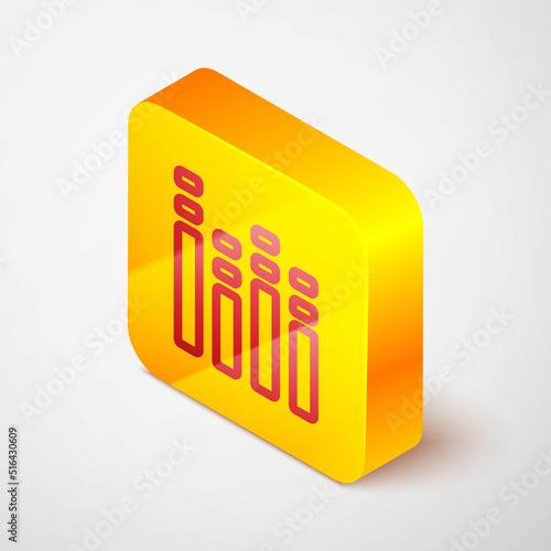 Isometric line Music equalizer icon isolated on grey background. Sound wave. Audio digital equalizer technology  console panel  pulse musical. Yellow square button. Vector