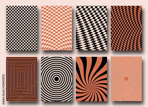 Vector set of Groovy hippie 70s backgrounds. Checkerboard, chessboard, mesh, waves patterns. Twisted and distorted vector texture in trendy retro psychedelic style. Y2k aesthetic.