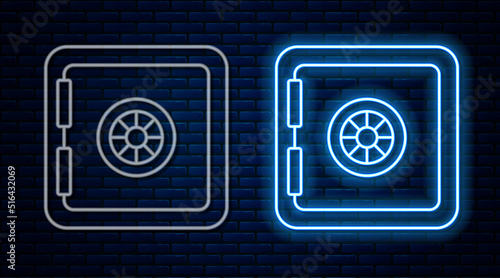 Glowing neon line Safe icon isolated on brick wall background. The door safe a bank vault with a combination lock. Reliable Data Protection. Vector