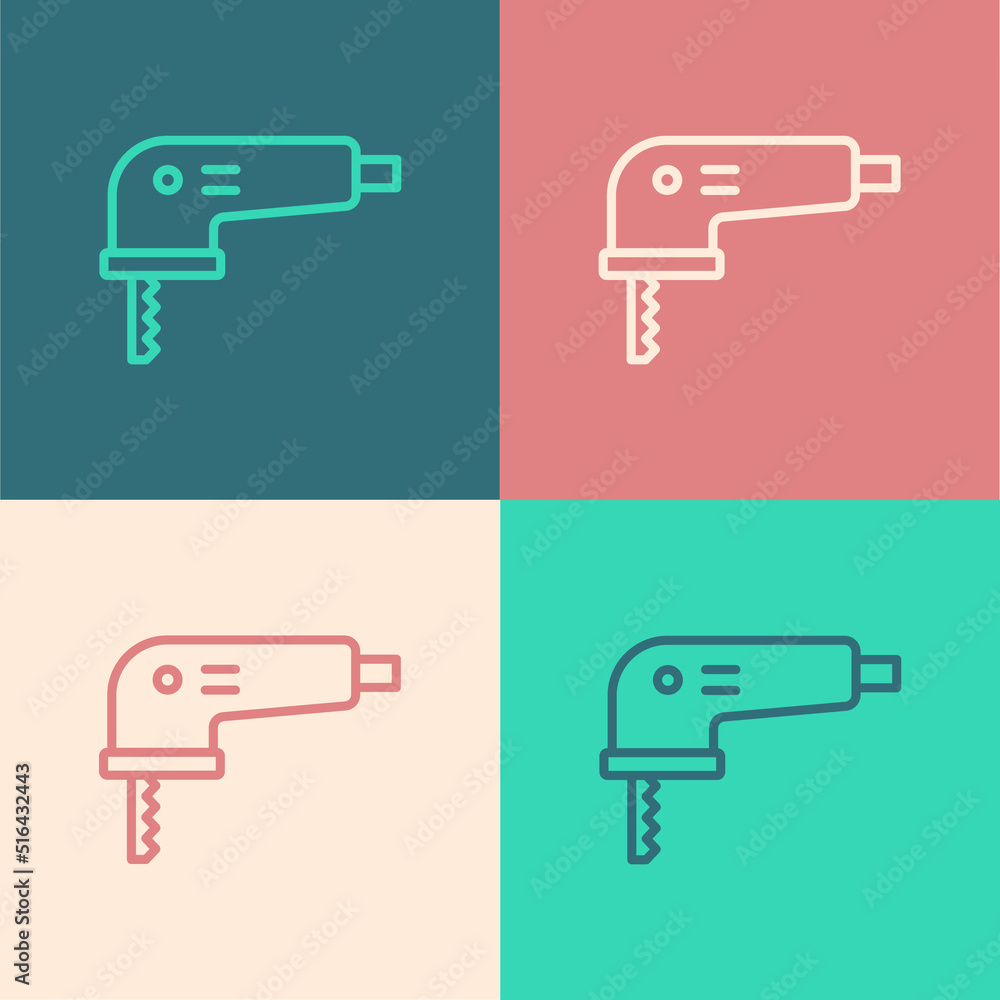 Pop art line Electric jigsaw with steel sharp blade icon isolated on color background. Power tool for woodwork. Vector Pop art line Electric jigsaw with steel sharp blade icon isolated on color background. Power tool for woodwork. Vector