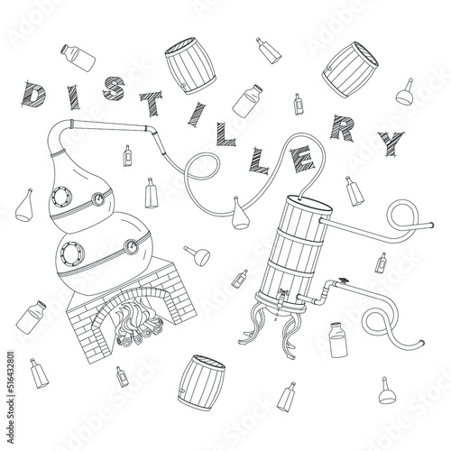 Cartoon vector illustration of a distillery with retro equipment