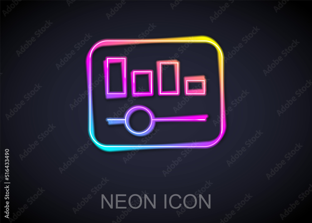 Glowing neon line Music equalizer icon isolated on black background. Sound wave. Audio digital equalizer technology, console panel, pulse musical. Vector Glowing neon line Music equalizer icon isolated on black background. Sound wave. Audio digital equalizer technology, console panel, pulse musical. Vector
