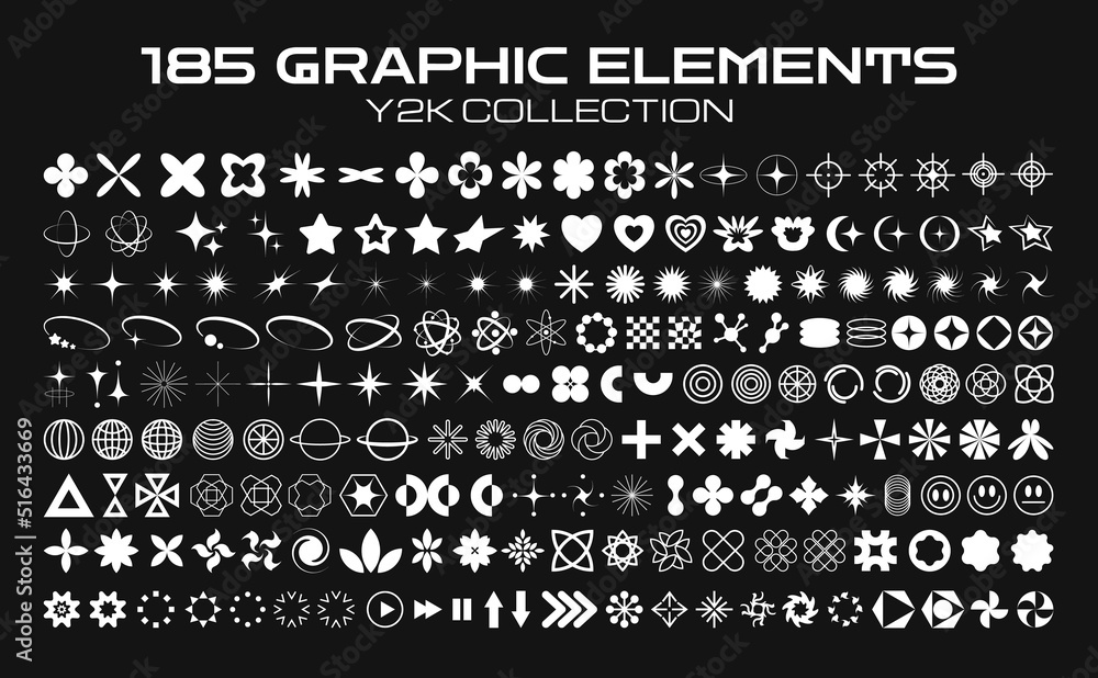 Retro futuristic elements for design. Collection of abstract graphic geometric symbols and objects in y2k style. Templates for pomters, banners, stickers, business cards - obrazy, fototapety, plakaty 