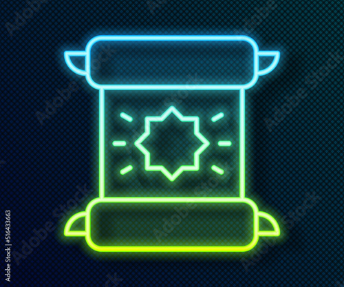 Glowing neon line Decree, paper, parchment, scroll icon icon isolated on black background. Vector