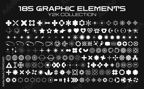 Retro futuristic elements for design. Collection of abstract graphic geometric symbols and objects in y2k style. Templates for pomters, banners, stickers, business cards photo