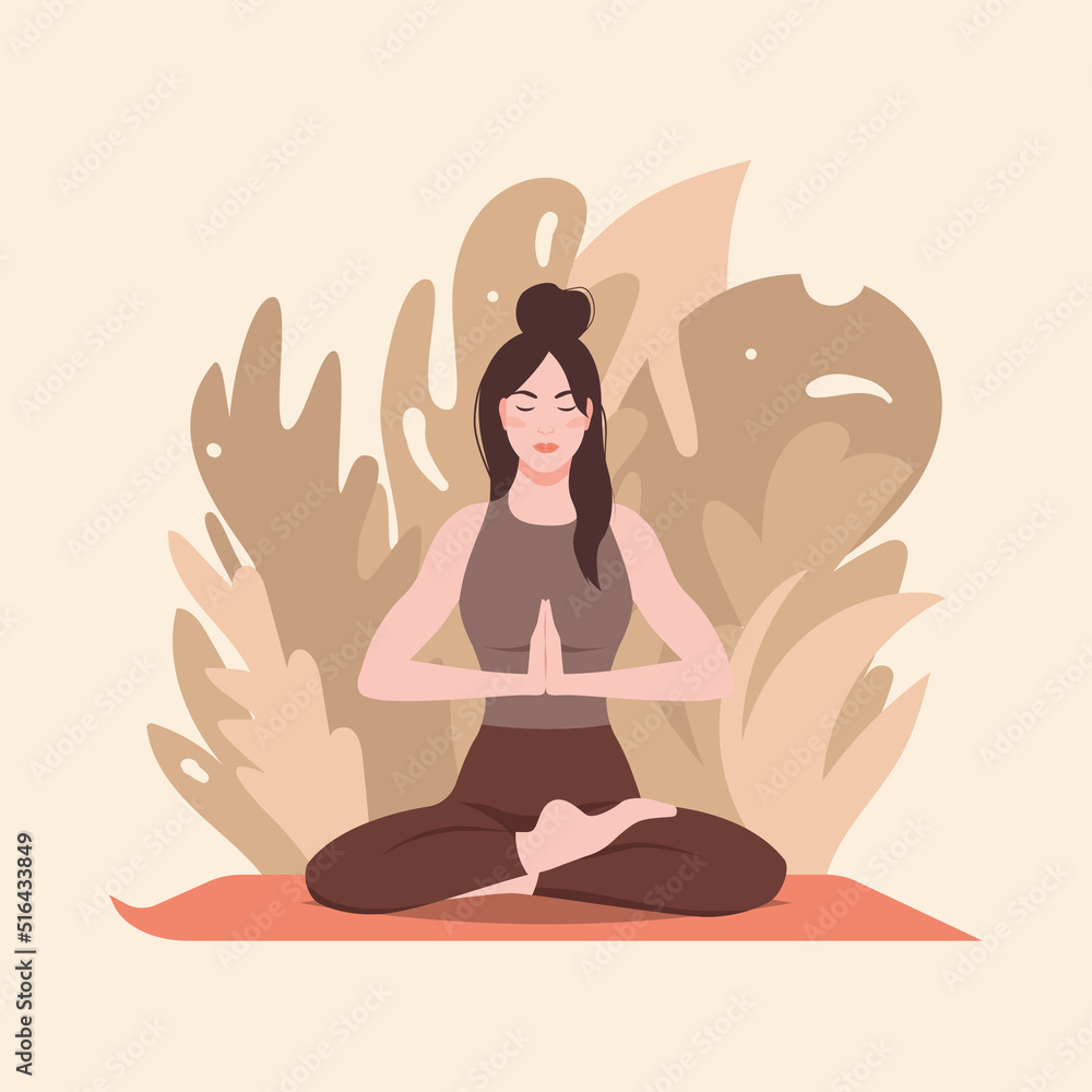 Girl with her eyes closed is sitting on mat in lotus position. Concept for yoga, relaxation, relaxation, meditation and healthy lifestyle. Vector illustration in flat style