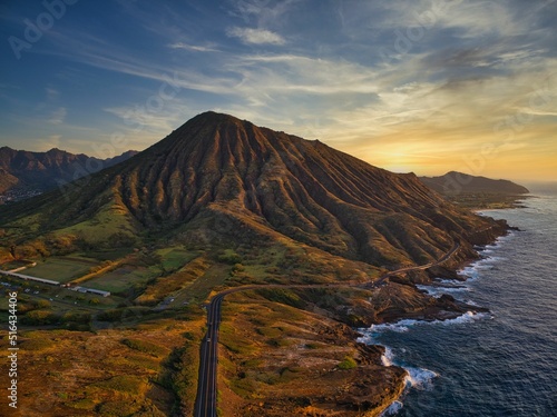 Aerial view of a sunrise over the Koko Crater in Oahu, Hawaii photo