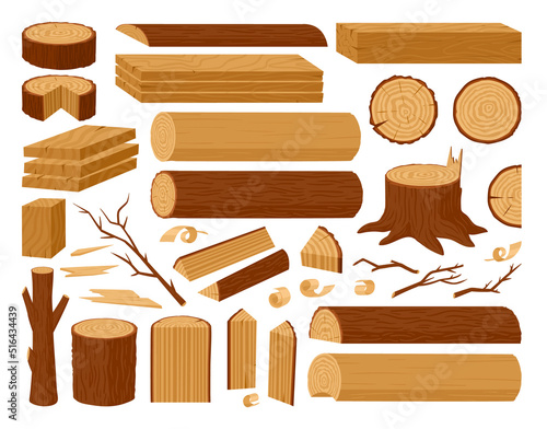 Cartoon wooden logs, tree trunks, planks, wood industry materials. Wood lumber branch, stacked woodwork planks and firewood vector illustration set. Wooden products collection